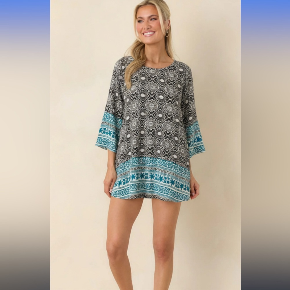 Design lab navy and turq scarf print dress
